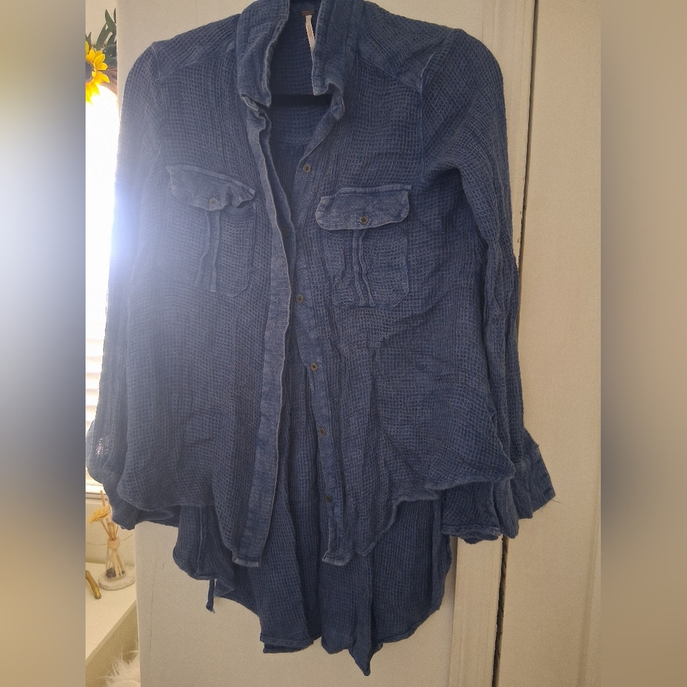 Free People Blue Waffle Knit Top